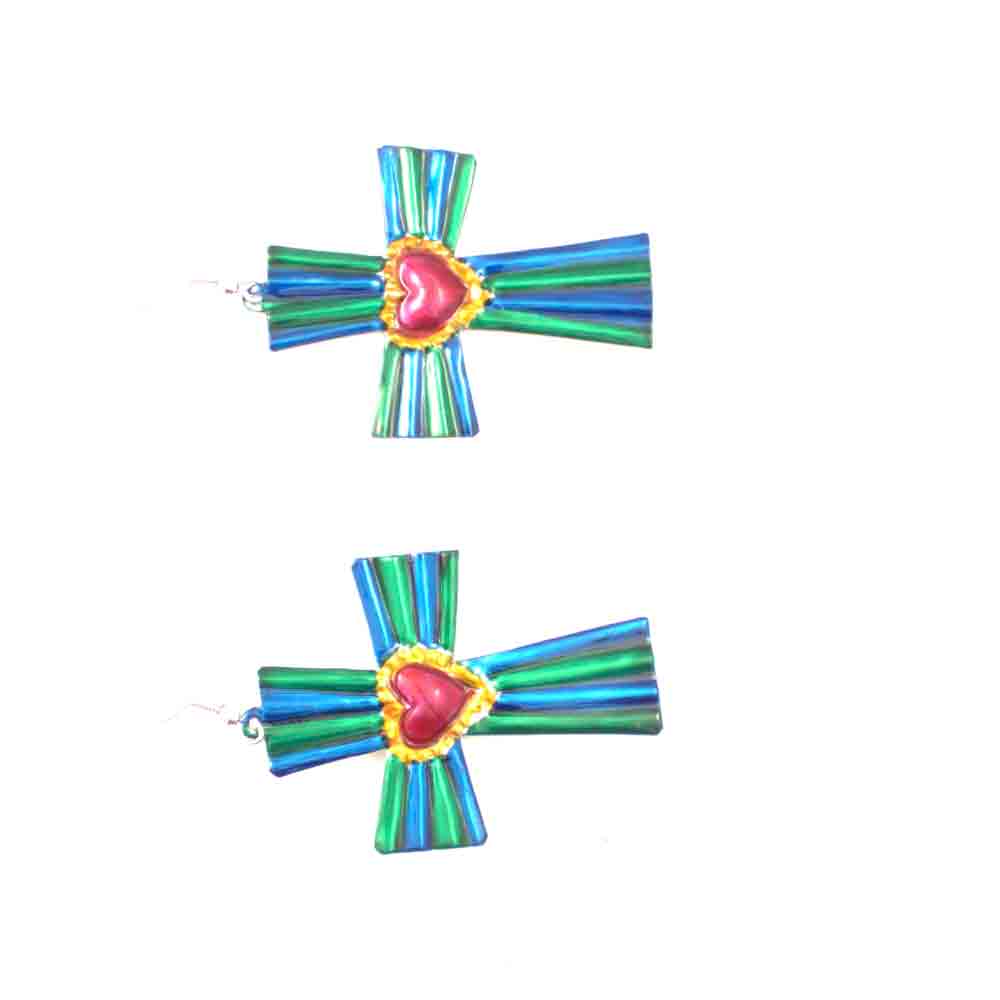 Tin earrings –  blue and green cross