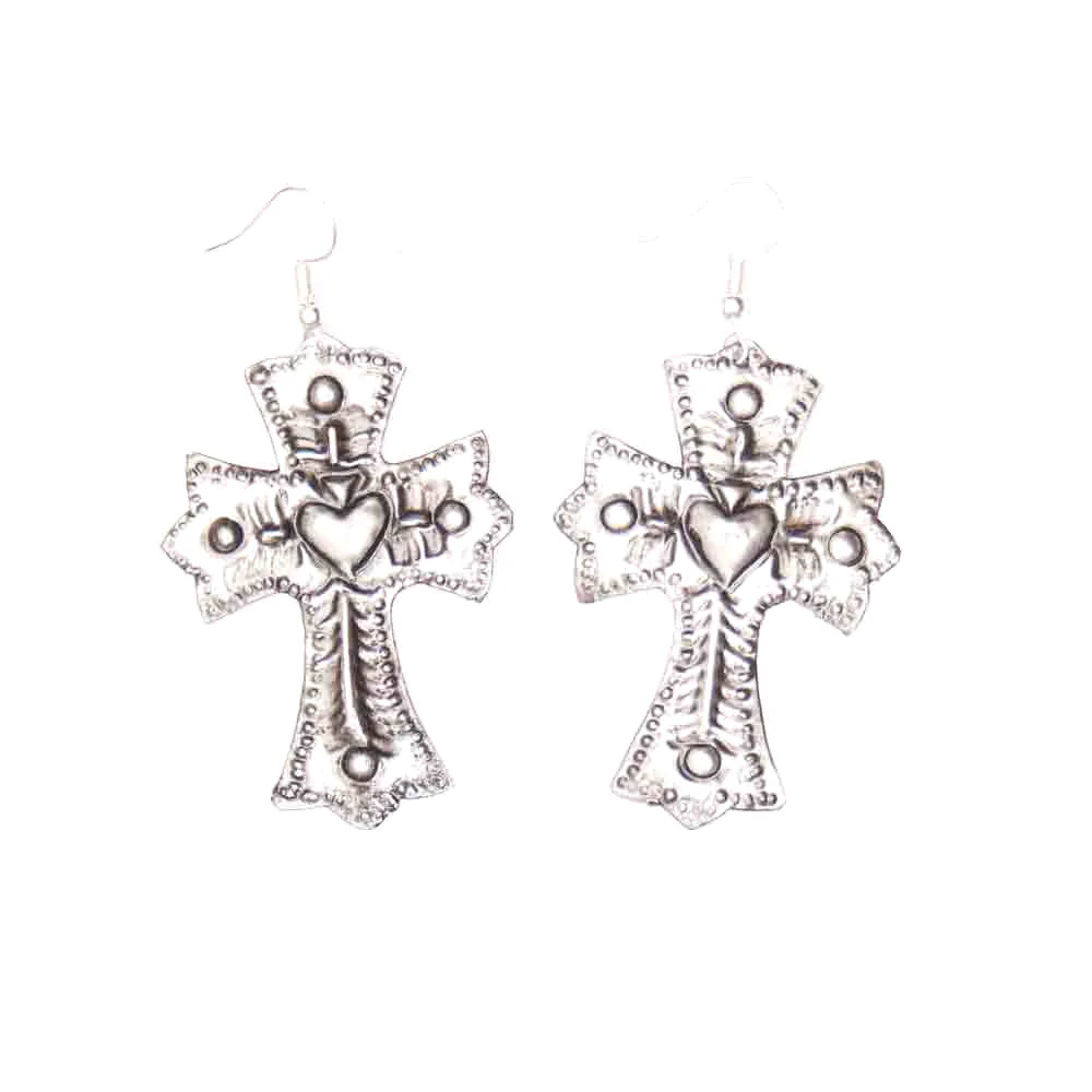 Tin earrings - silver cross red heart